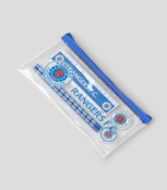 Small essential stationery set in blue and white packaging.