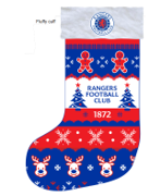 Knitted Christmas stocking in blue red and white with a Rangers FC crest