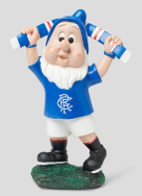Gnome figurine in blue outfit waving a blue and white scarf.