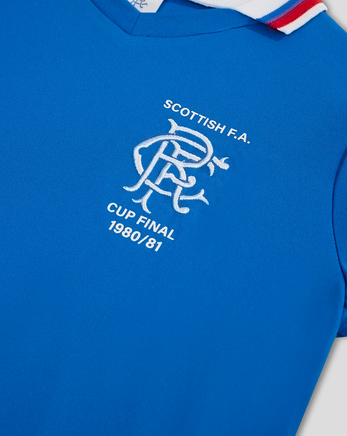 Close up of blue RFC retro shirt chest with Scottish F.A. crest and Cup Final 1980/81 text