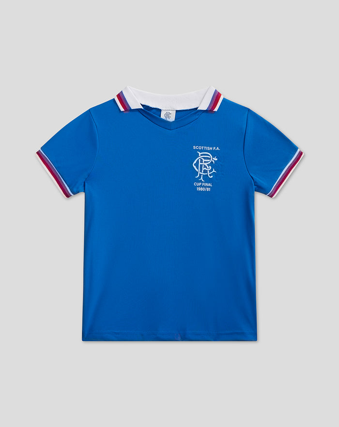 Detail of blue retro shirt showing white embroidered crest and Cup Final 1980/81 text