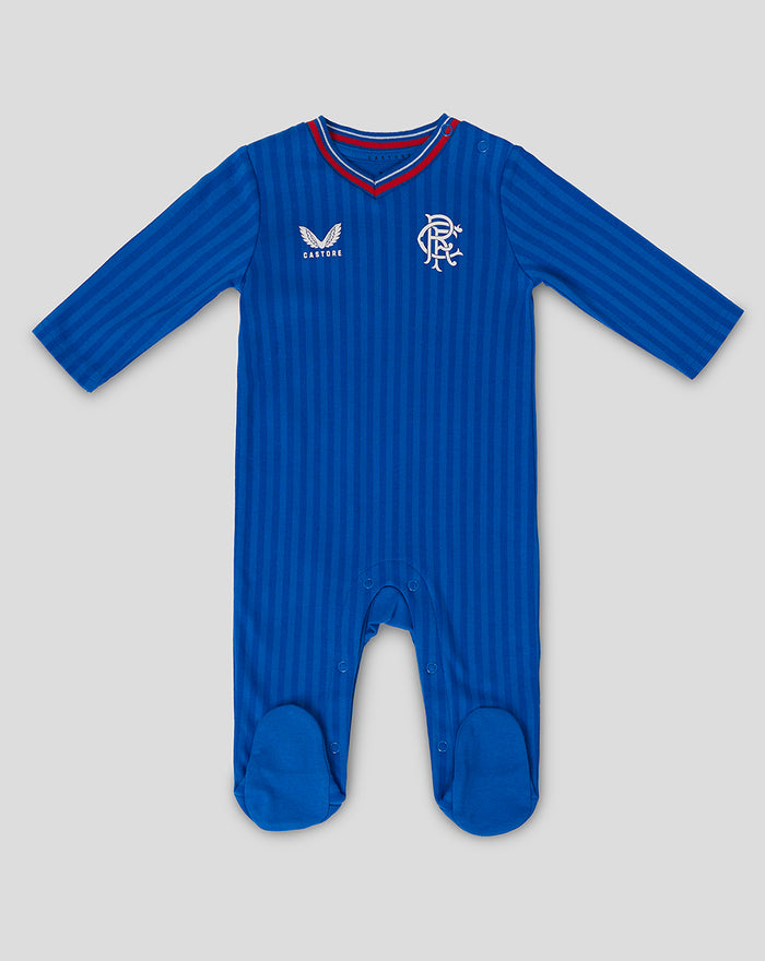 Babies Rangers 23/24 Home Sleeper Suit in blue with crest and Castore branding