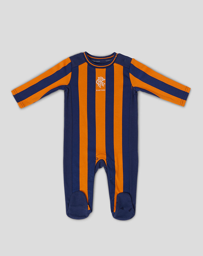 Baby sleeper suit with blue and orange vertical stripes and Rangers crest