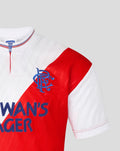 Close up of Rangers 88 away shirt showing white fabric red diagonal panel and blue club crest