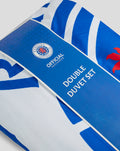 Close up of Rangers official merchandise Double Duvet Set packaging showing blue cover and white text