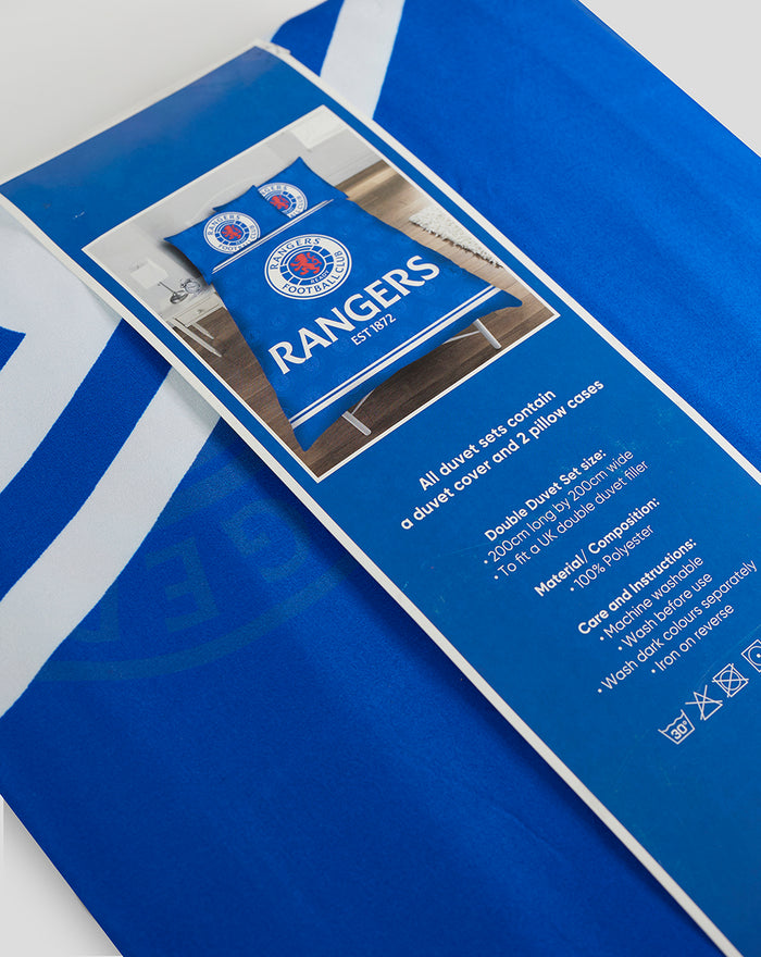 Blue Rangers FC double duvet set in packaging with team crest and bed scene.