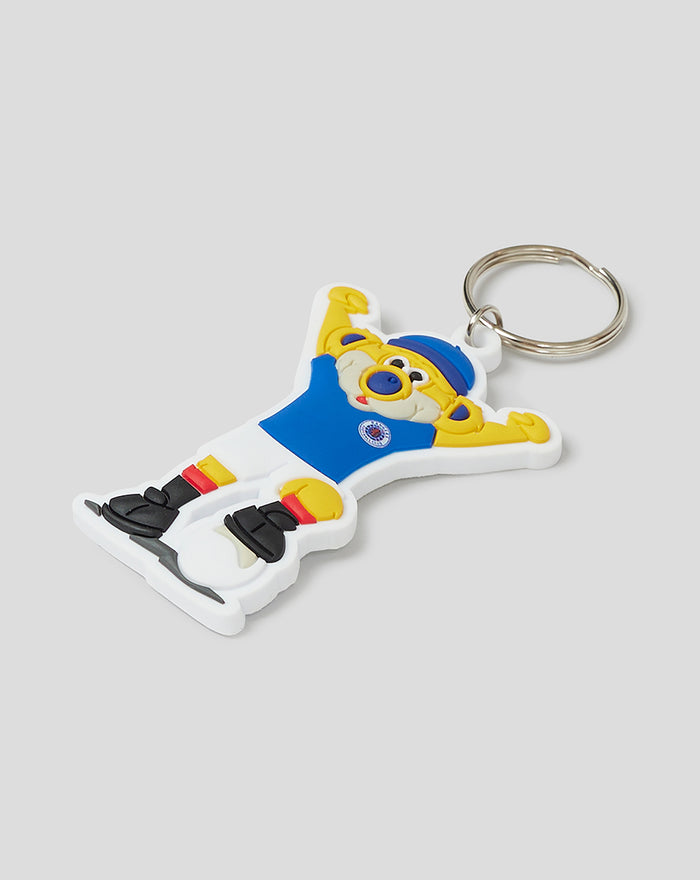 Broxi keyring mascot rotated with arms outstretched wearing blue shirt and cap