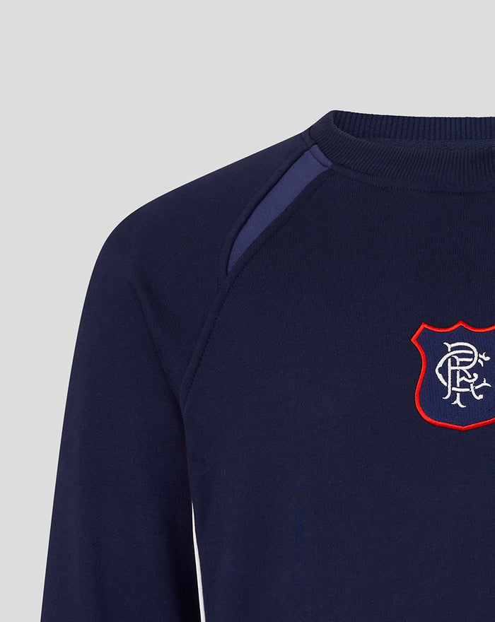 Embroidered Rangers crest on navy sweatshirt chest with red border