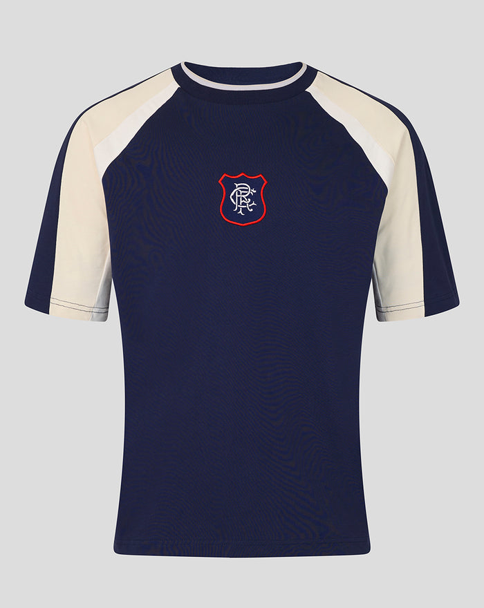 Adult navy panelled 90s tee with cream shoulder panels and a crest badge on the chest.