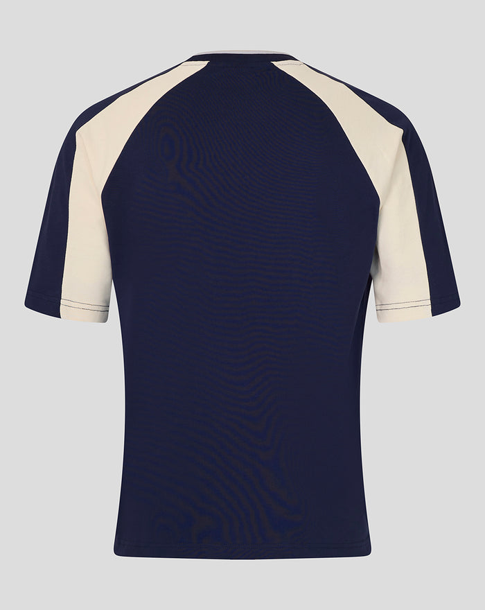 Back view of navy Rangers panelled tee with cream shoulder panels.