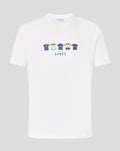 Front view of white unisex Rangers x Art of T-shirt with a row of small blue and white jersey icons across the chest.