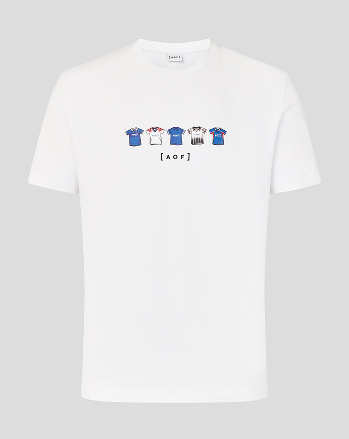 Front view of white unisex Rangers x Art of T-shirt with a row of small blue and white jersey icons across the chest.