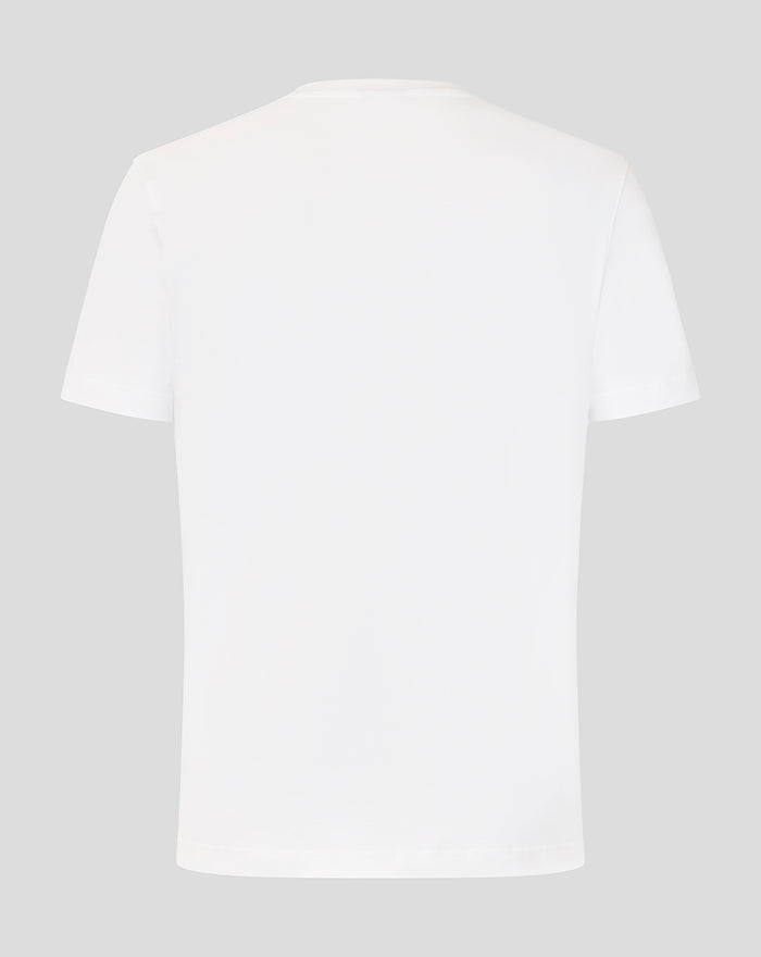 Back view of a plain white unisex T-shirt with short sleeves.