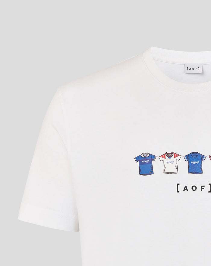 White unisex Rangers x Art of T shirt with a row of small illustrated jerseys across the chest.