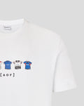 White unisex Rangers x Art of T shirt close up of the front showing a row of tiny illustrated jerseys along the chest.