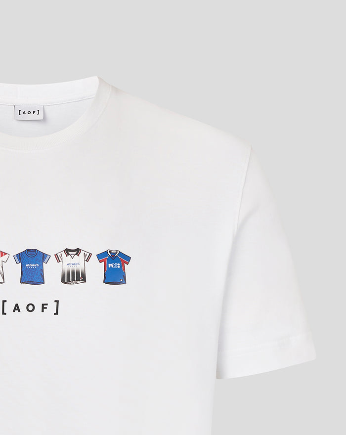 White unisex Rangers x Art of T shirt close up of the front showing a row of tiny illustrated jerseys along the chest.