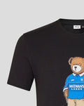 Black unisex Rangers X Art of T shirt featuring a teddy bear graphic wearing a blue polo.