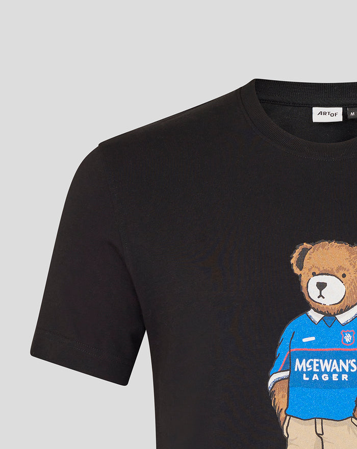 Black unisex Rangers X Art of T shirt featuring a teddy bear graphic wearing a blue polo.