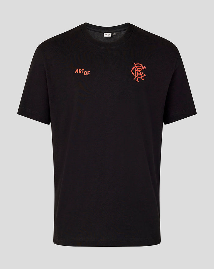 Front view of black Rangers X Art of T-shirt with orange ARTOF logo on left chest.