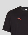 Close up of black T-shirt showing ARTOF logo on the chest and collar tag visible