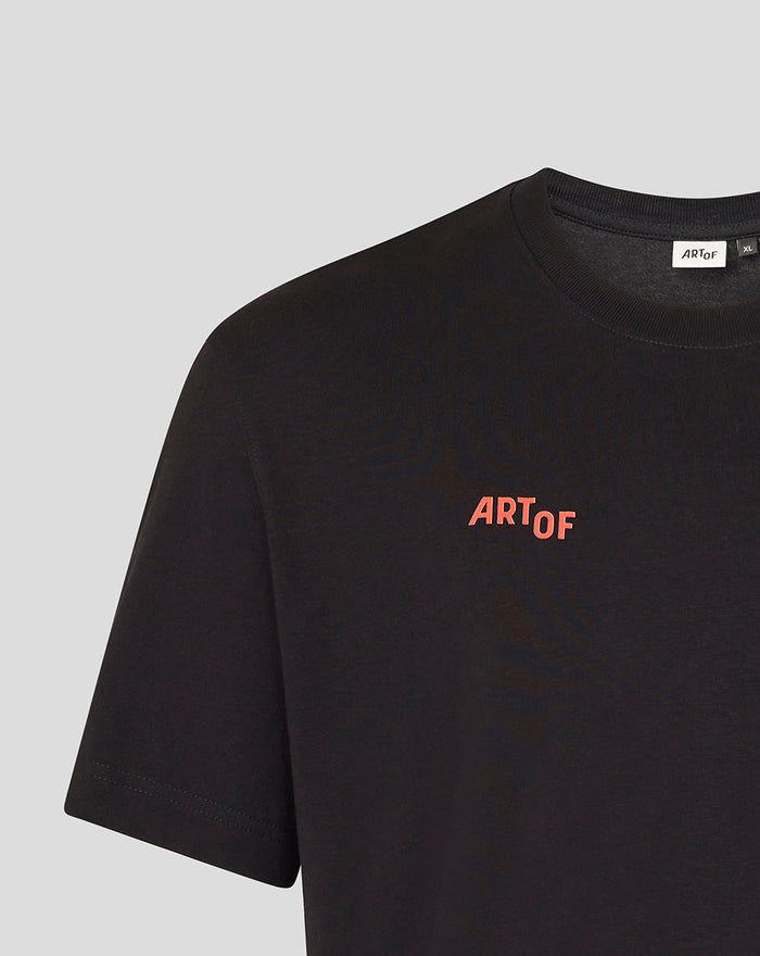 Close up of black T-shirt showing ARTOF logo on the chest and collar tag visible