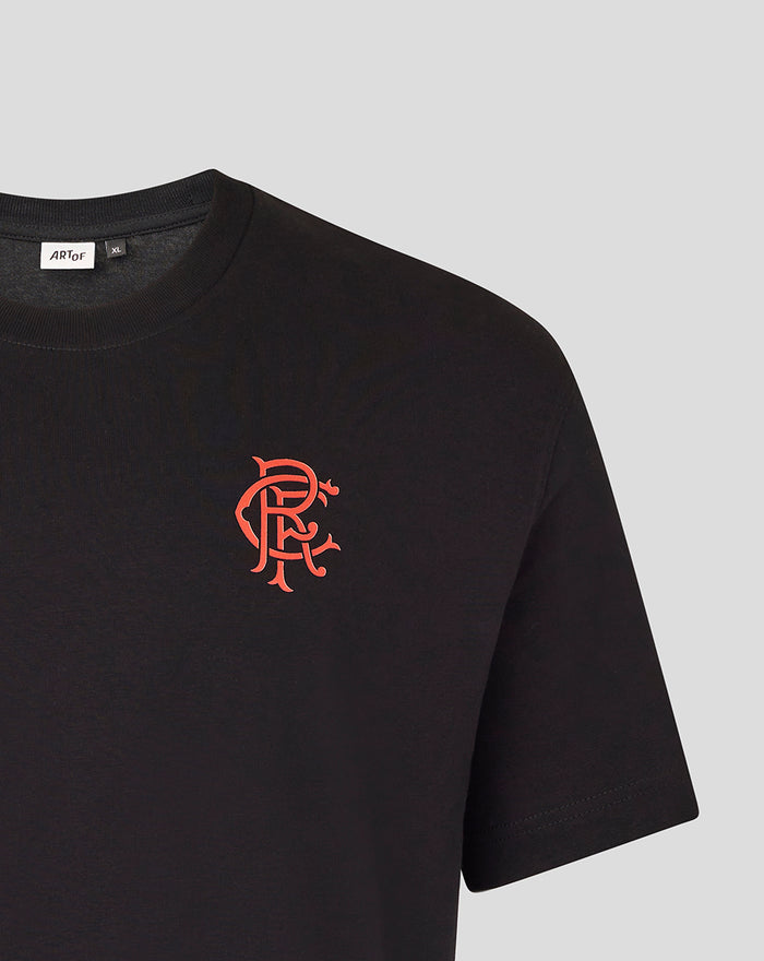 Close up of black Rangers x Art of T-shirt with coral crest logo on the left chest