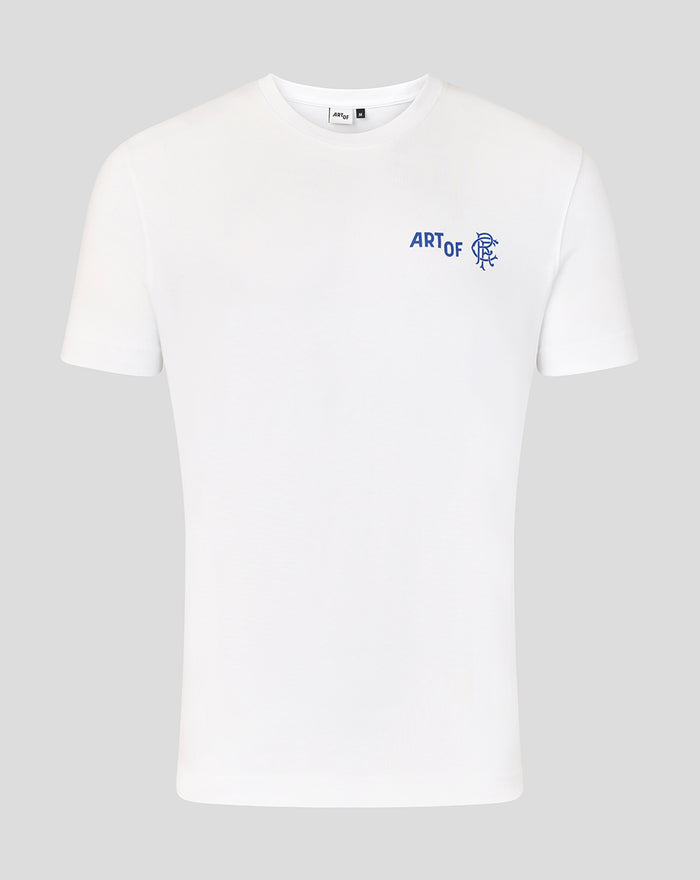 Front view of white unisex T shirt with blue ART OF logo and circular emblem on left chest