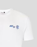 Front close up of white T shirt showing blue ART OF logo and circular emblem on the chest