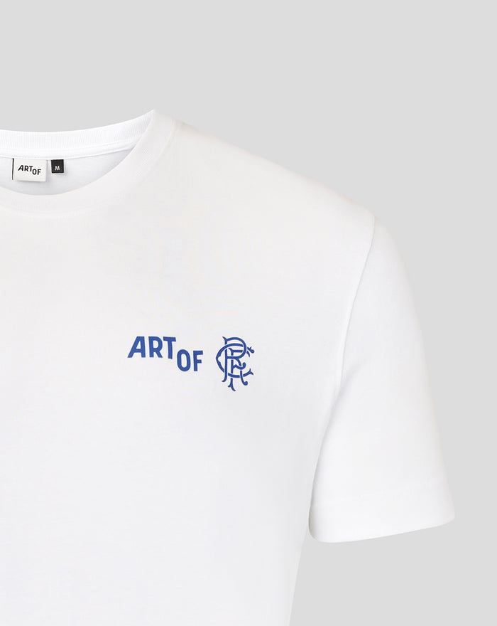 Front close up of white T shirt showing blue ART OF logo and circular emblem on the chest