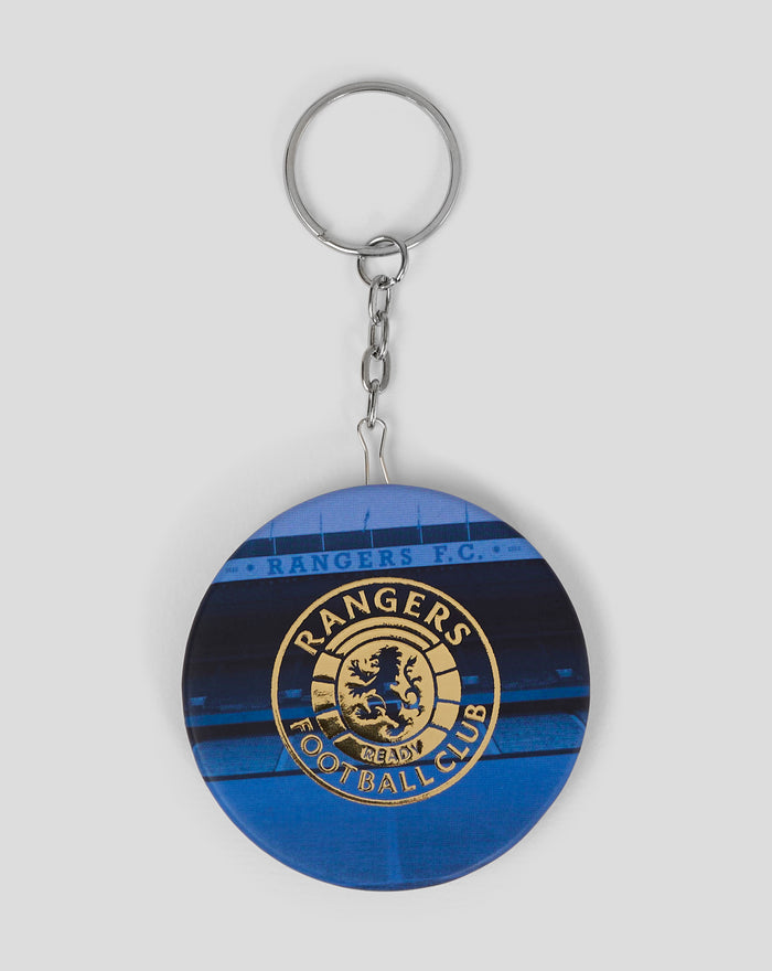 Stadium bottle opener keyring featuring blue circular badge with Rangers FC crest