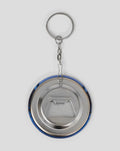 Stainless steel stadium bottle opener keyring with circular ring and linked chain.