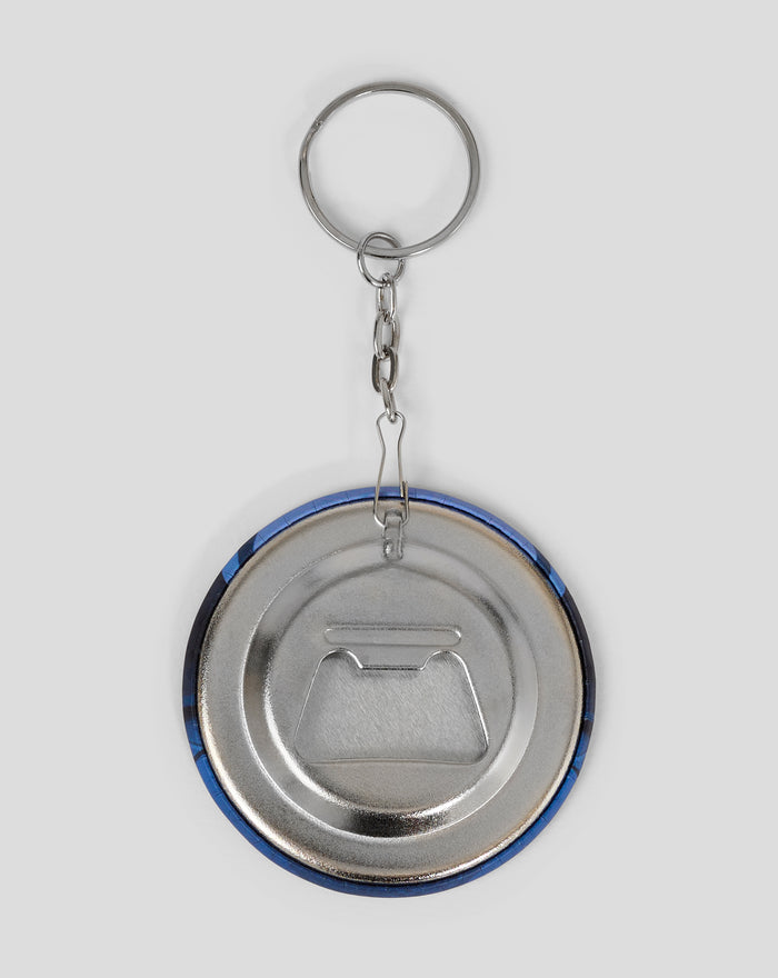 Stainless steel stadium bottle opener keyring with circular ring and linked chain.