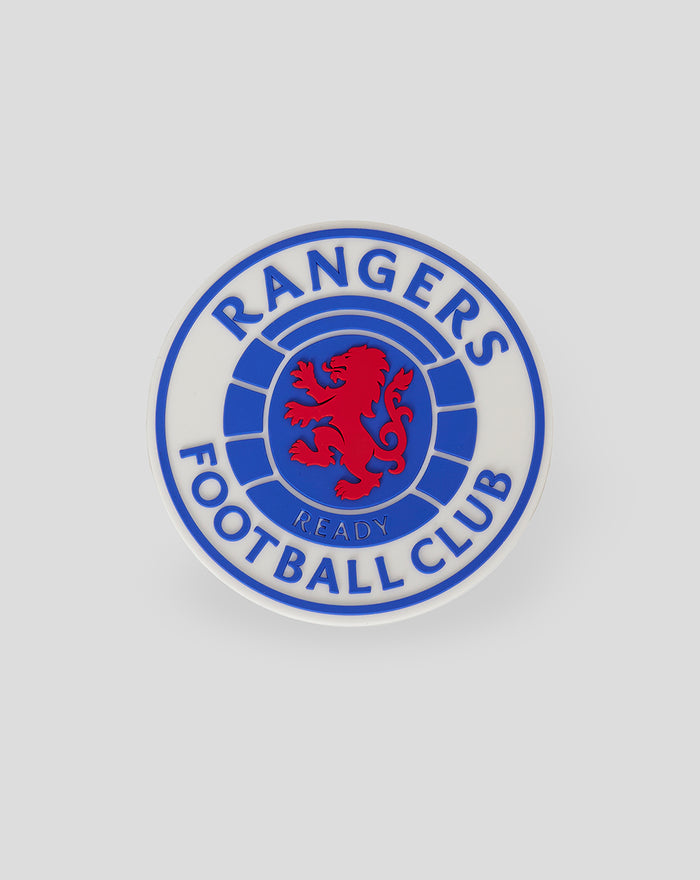 Round Rangers Football Club crest magnet with blue rings and a red lion on white
