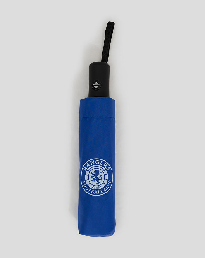 Folded blue telescopic umbrella with black handle and Rangers Football Club logo.