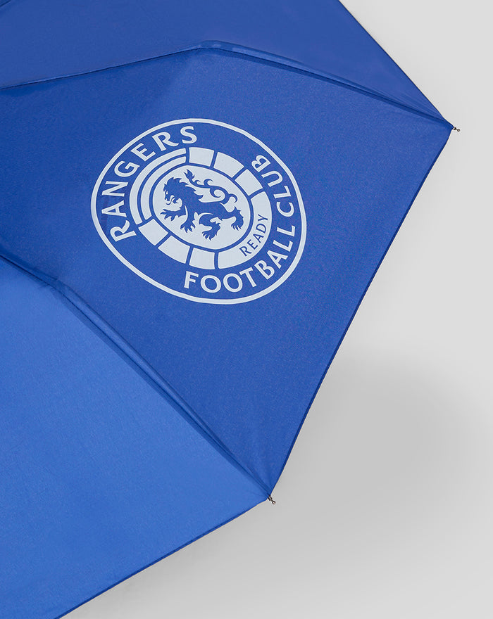 Open blue telescopic umbrella with Rangers Football Club crest on the canopy.