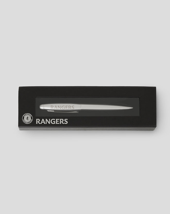Silver etched Rangers pen inside a black presentation box with a clear window