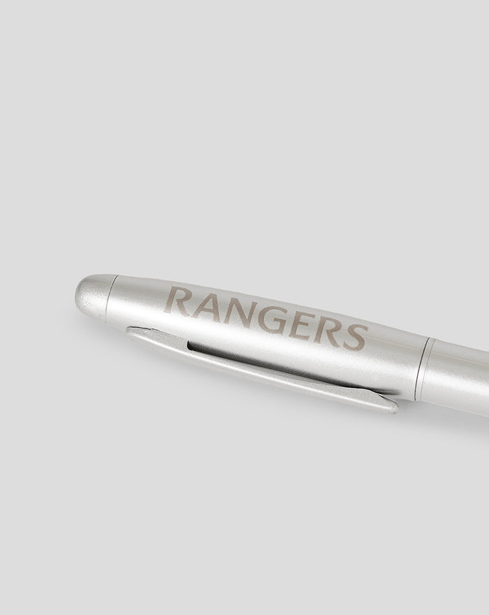 Close up of a silver Rangers pen showing engraved Rangers lettering along the barrel near the clip