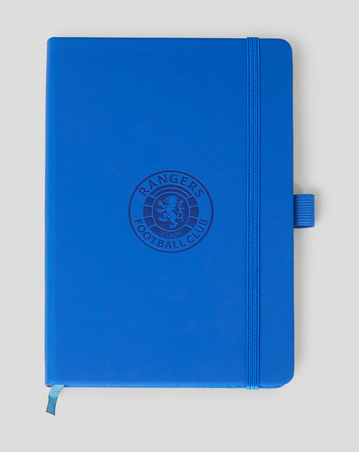 Blue A5 notebook with elastic strap and embossed Rangers Football Club crest on the cover