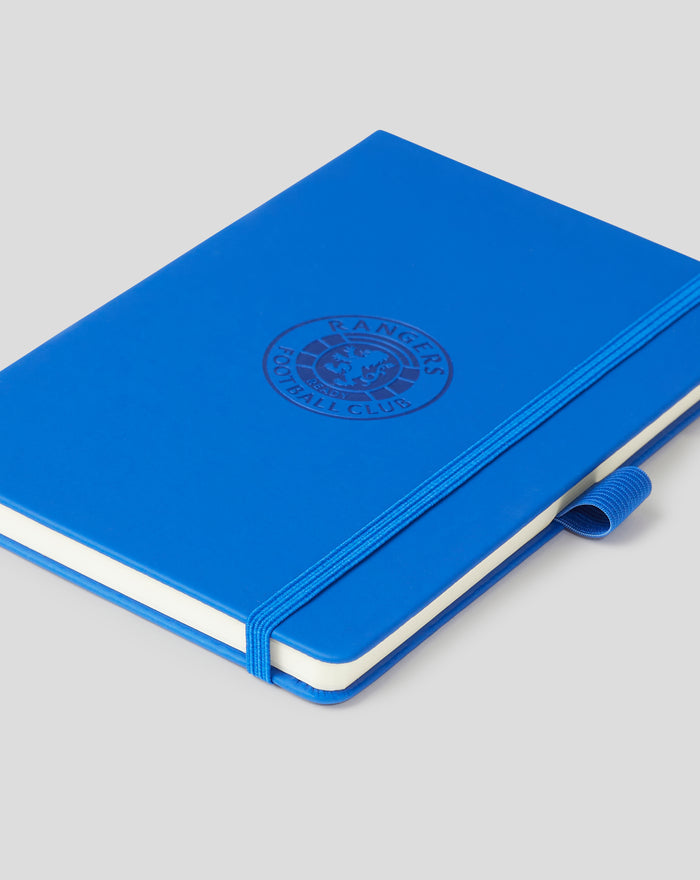 Blue A5 notebook with an embossed Rangers circular logo on the cover and a blue elastic band