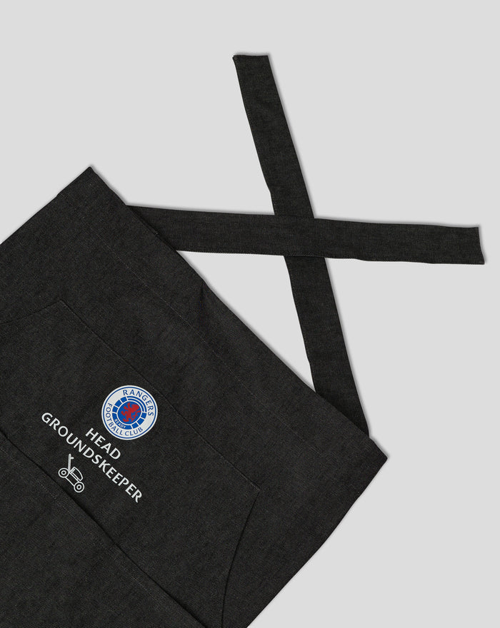 Dark Rangers gardening apron with neck strap and waist ties displaying the Rangers logo on blue background