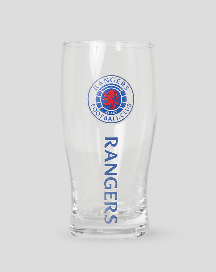 Clear pint glass with Rangers Football Club crest and vertical RANGERS text.