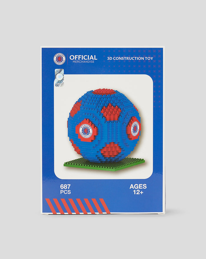 BRXLZ Rangers Football Club 3D construction toy packaging featuring a blue and red brick sphere model on a blue white box