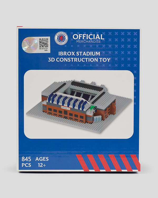 BRXLZ Mini Stadium box displaying a gray and blue stadium brick model on a blue packaging background