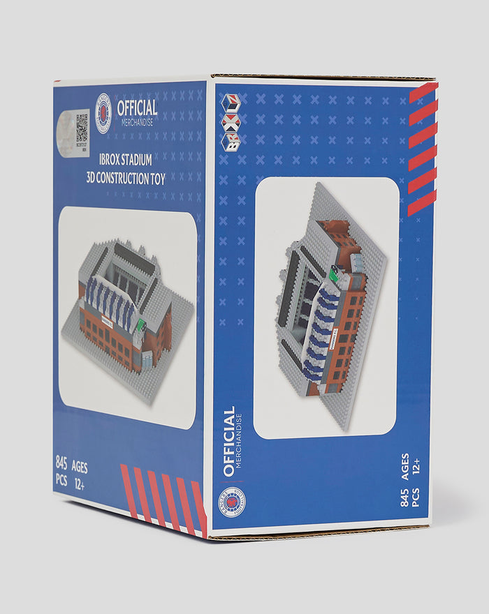 BRXLZ Mini Stadium box shown from the side with two panels revealing stadium builds on blue packaging