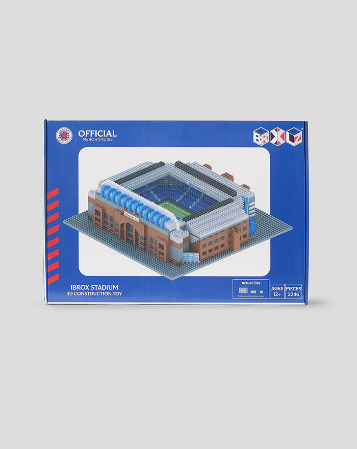 BRXLZ IBROX stadium box showing a blue package with a 3D brick stadium model