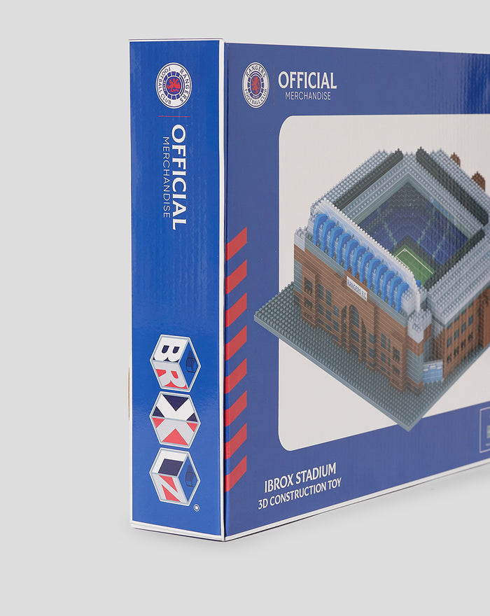 Side view of BRXLZ IBROX stadium box with Rangers crest and stadium illustration