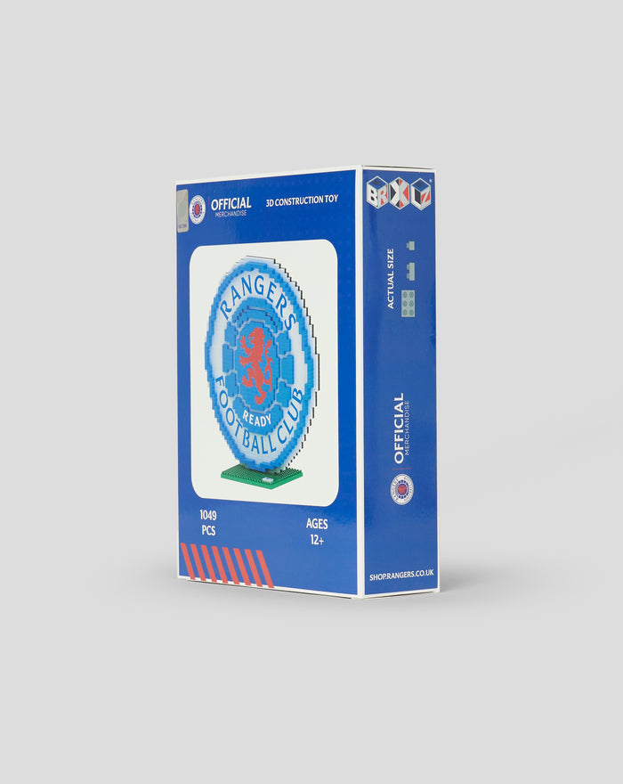 Blue BRXLZ Crest box featuring a large Rangers crest made of bricks