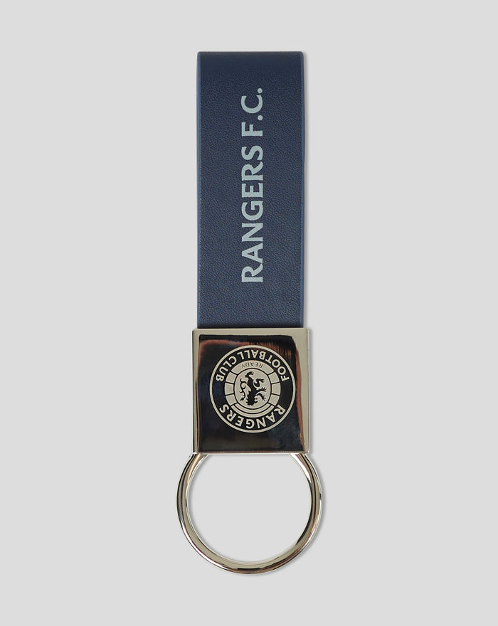 Blue textured keyring strap with Rangers Football Club emblem on the metal clasp