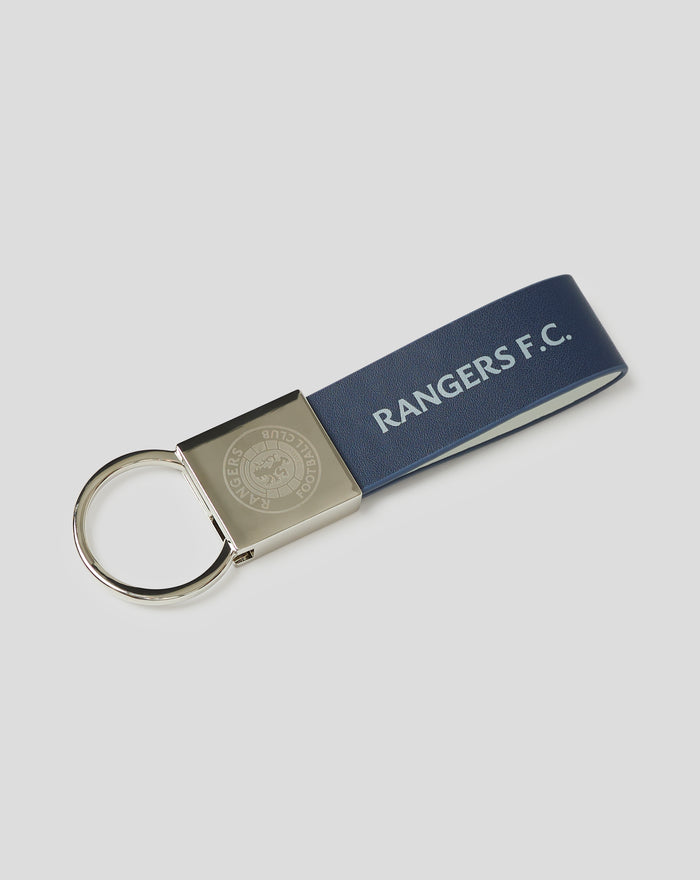 Metal loop keyring with blue textured strap printed RANGERS F C