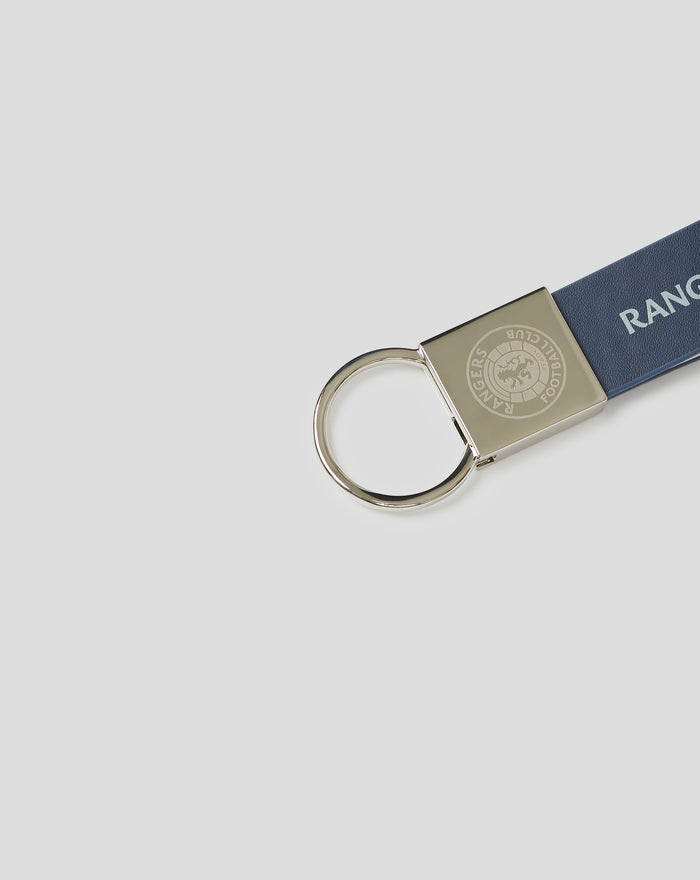 Metal loop keyring attached to a blue textured strap with Rangers Football Club branding